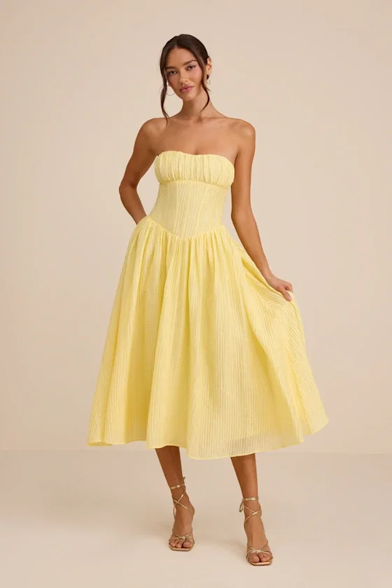 Image of Aspen Pale Yellow Plisse Strapless Bustier Midi Dress