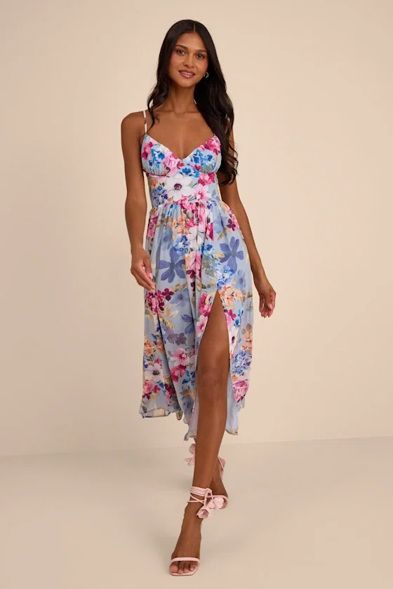 Image of Alani Light Blue Multi Floral Lace-Up Midi Dress