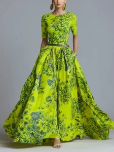 Image of Elegant High Waist Maxi Dress X-Line Crew Neck Summer Event