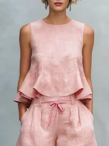 Image of Cotton Casual Plain Peplum Crew Neck Blouse