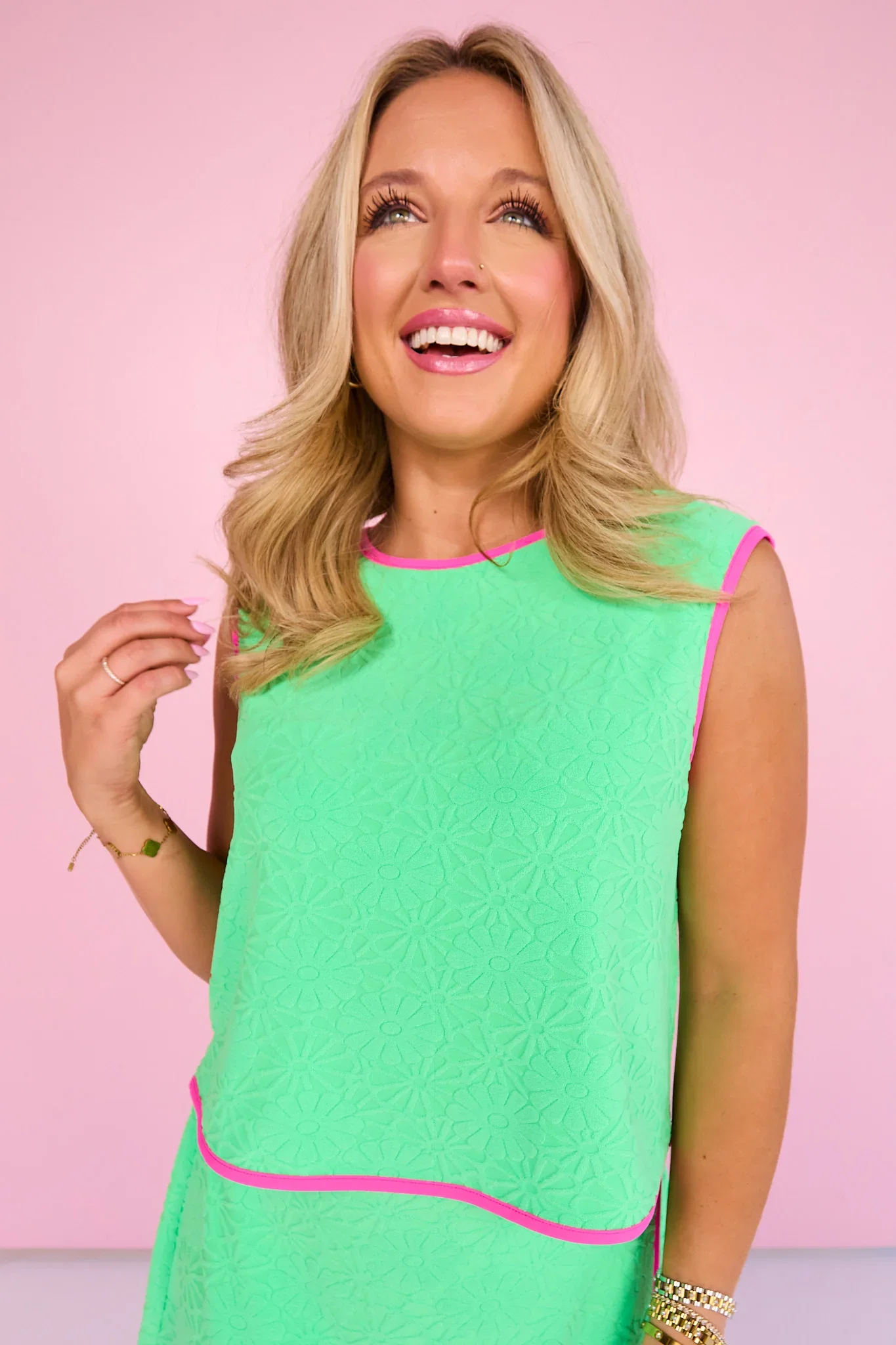 Image of SSYS Cambrie Hot Pink Trim Contrast Floral Terry Muscle Tank In Lime