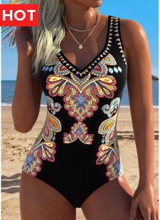 Multi Color Tummy Control Tribal Print One Piece Swimwear