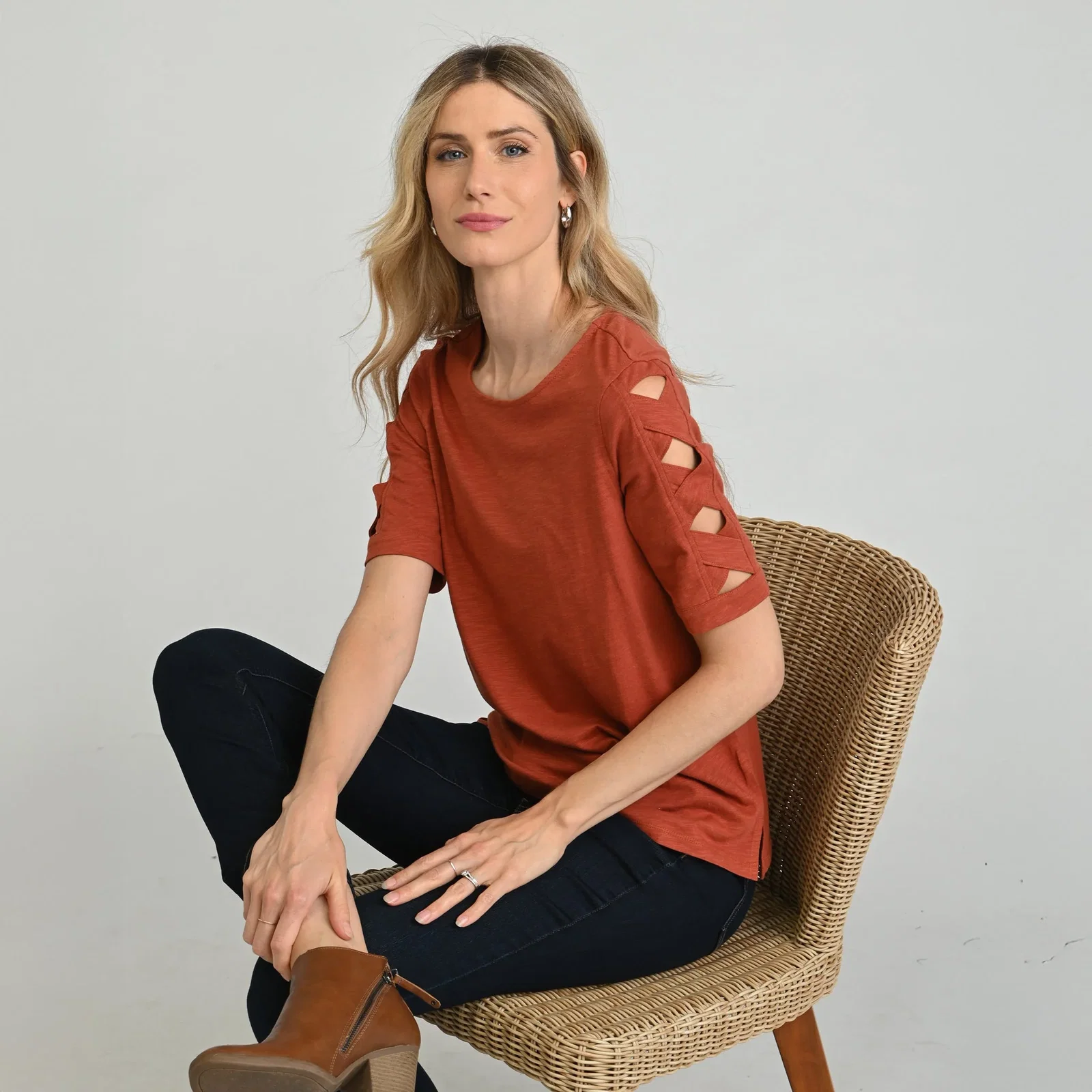 Image of Christopher & Banks Lattice Sleeve Jewel Neck Top