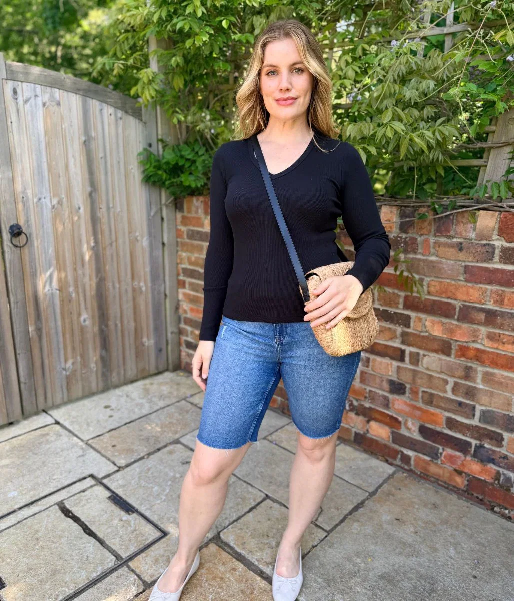Image of Black Cotton Rich Ribbed V Neck Top