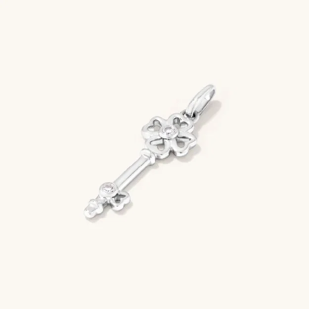 Four-Leaf Clover Key Lab-Grown Diamond Set Pendant in Rhodium Plated Sterling Silver