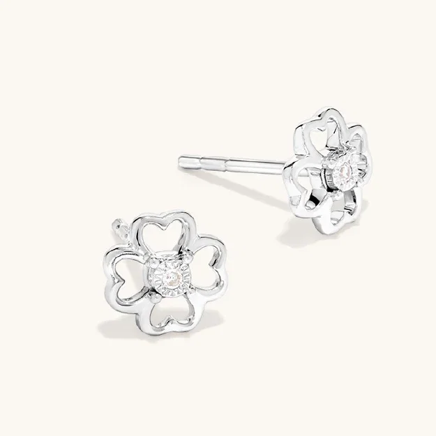 Four-Leaf Clover Lab-Grown Diamond Set Earrings in Rhodium Plated Sterling Silver
