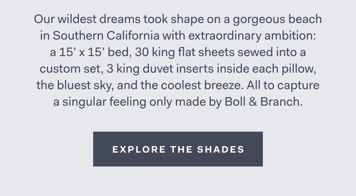 Our wildest dreams took shape on a gorgeous beach in Southern California with extraordinary ambition: a 15' x 15' bed, 30 king flat sheets sewed into a custom set, 3 king duvet inserts inside each pillow, the bluest sky, and the coolest breeze. All to capture a singular feeling only made by Boll & Branch. EXPLORE THE SHADES