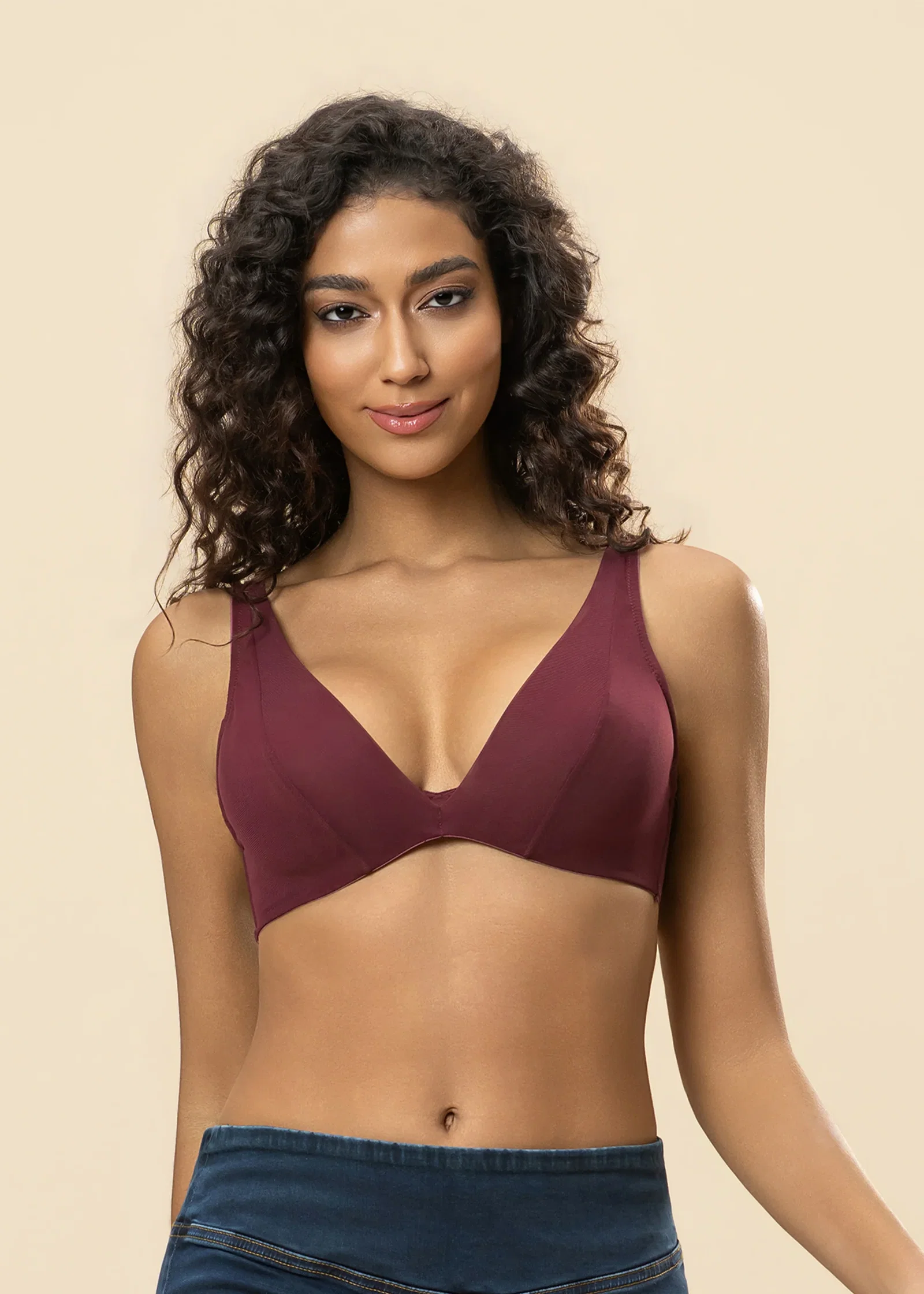 Image of BEVIN Burgundy Red Mesh Unlined Wired Bra With Half-Moon Pads