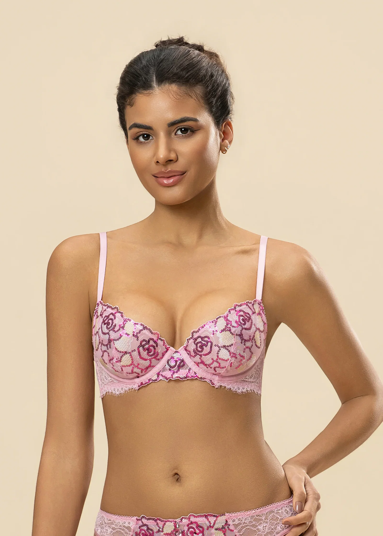 Image of CALLA Sparkling Pink Floral Lace Unlined Wired Demi Bra