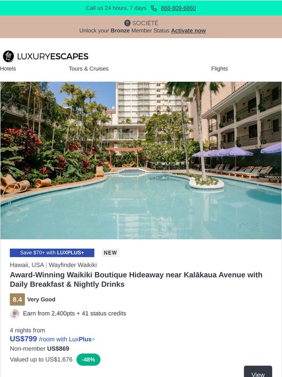 Hawaii: Waikiki Escape w. Daily Breakfast & Daily Pool Bar Drinks