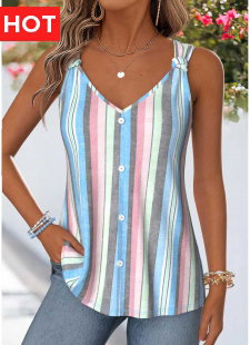 Multi Color Curved Hem Sleeveless V Neck Tank Top