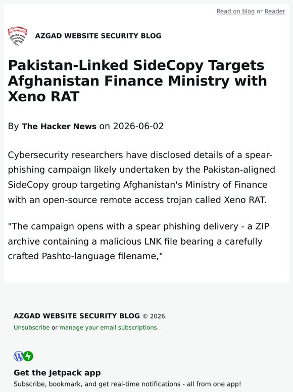 Pakistan-Linked SideCopy Targets Afghanistan Finance Ministry with Xeno RAT