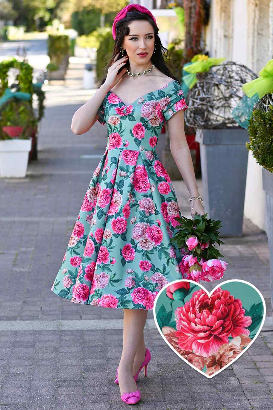 Image of Lily Pink Peony Off Shoulder Dress In Mint Green