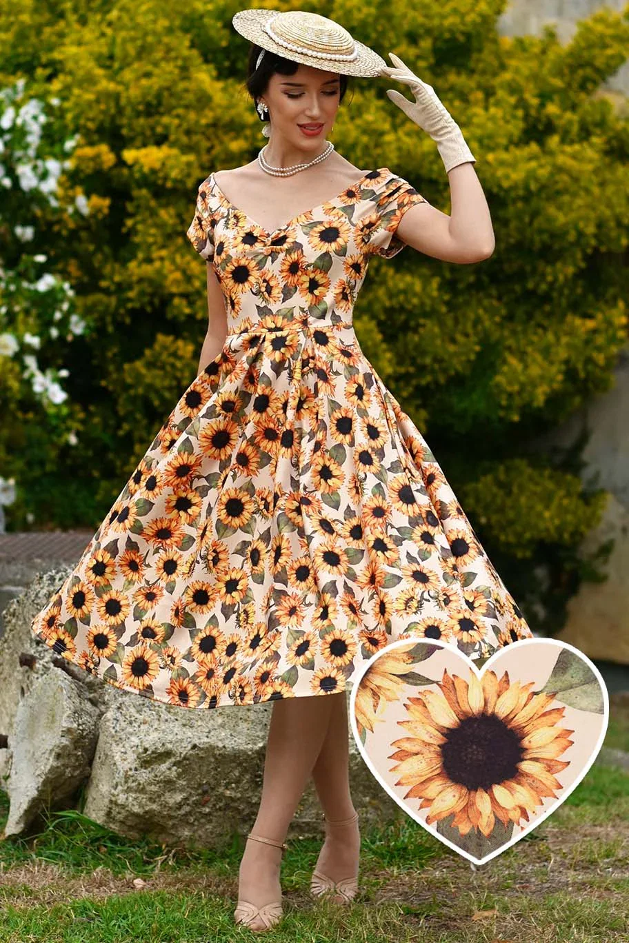 Image of Lily Sunflower Off Shoulder Dress in Beige/Yellow
