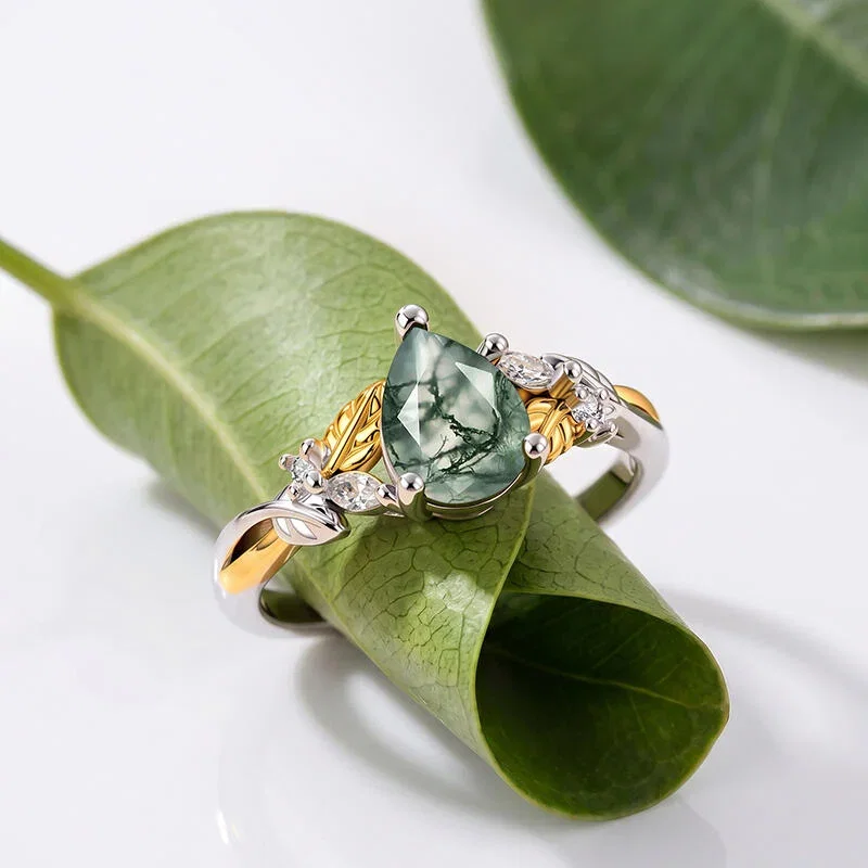 Two Tone Pear Cut Moss Agate Leaf Engagement Ring