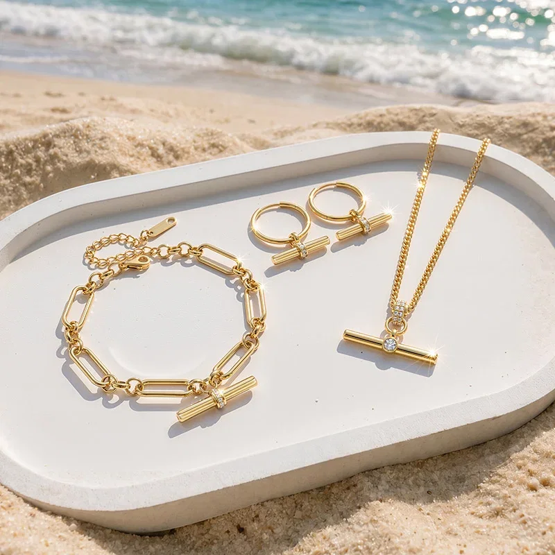 Andy Style Gold T-Bar Necklace Bracelet Earrings Set