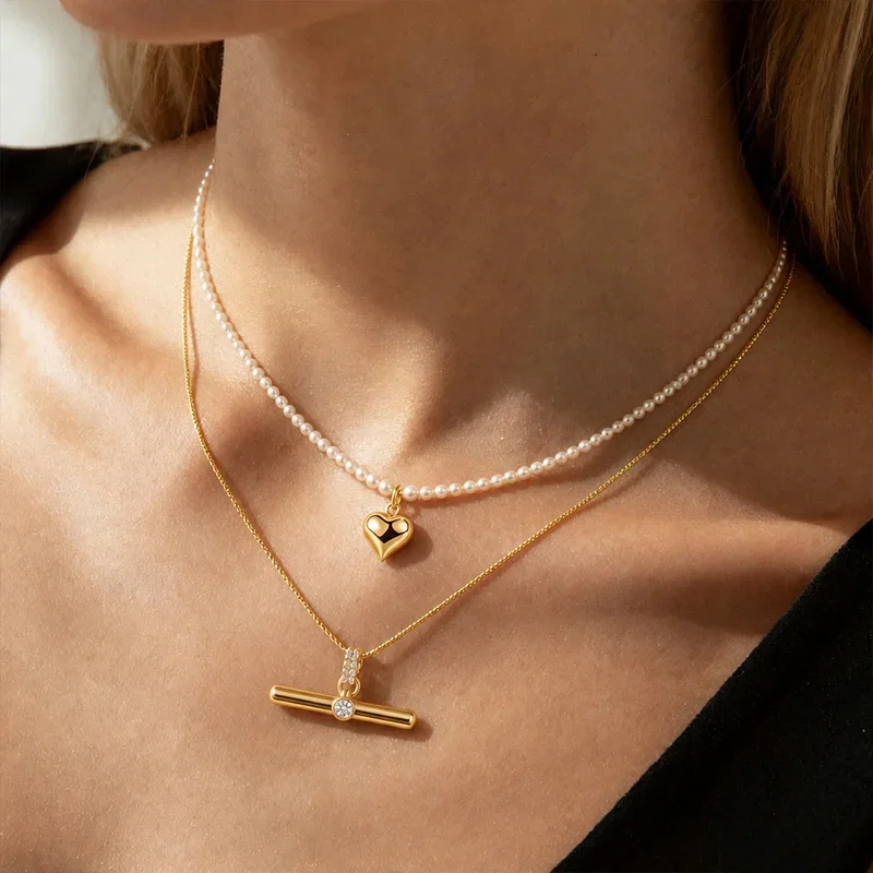 Andy Style Gold T-Bar Pearl Necklace Set