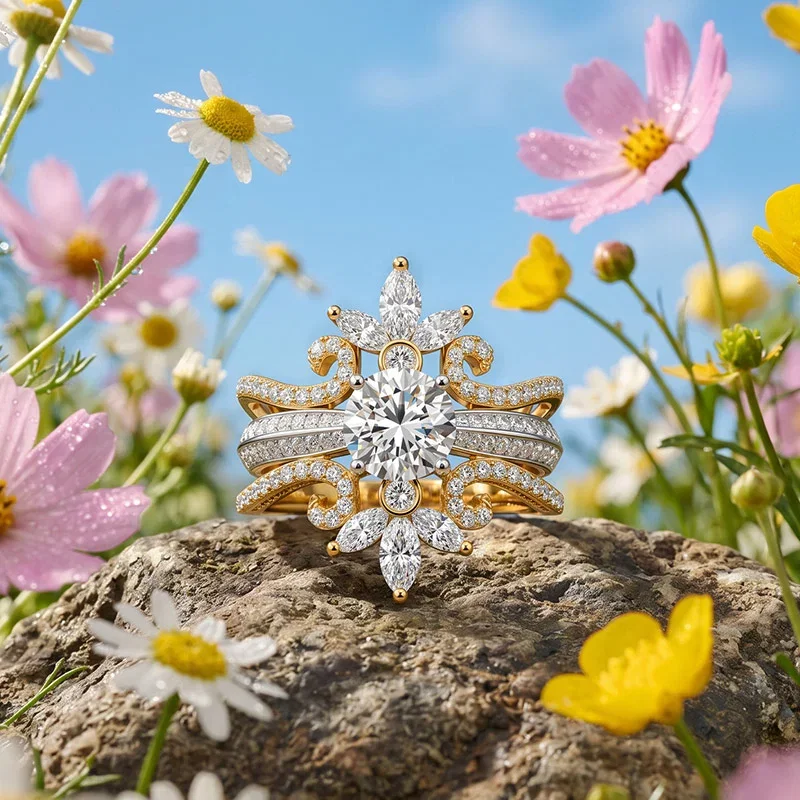 Two‑Tone Round Cut Bridal Ring Set with Cluster Enhancer