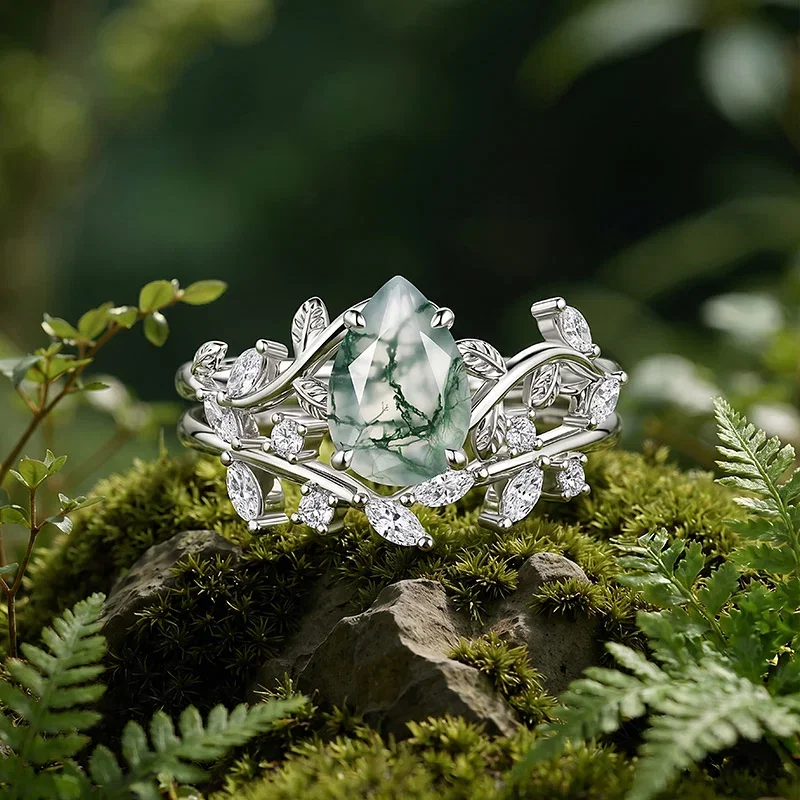 Intertwined Leaf Pear Shaped Moss Agate Ring Set