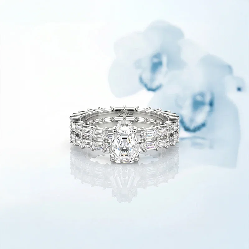 Coffin Cut Hidden Halo Bridal Ring Set with Eternity Band