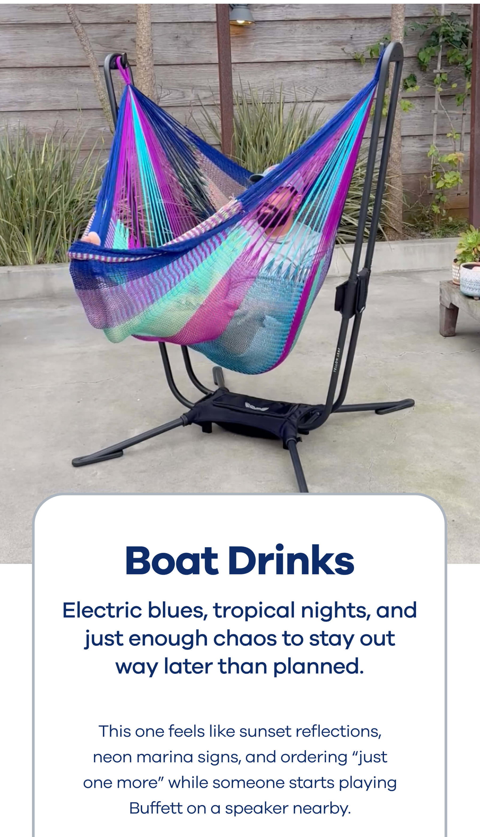 Boat Drinks Electric blues, tropical nights, and just enough chaos to stay out way later than planned.  This one feels like sunset reflections, neon marina signs, and ordering “just one more” while someone starts playing Buffett on a speaker nearby.