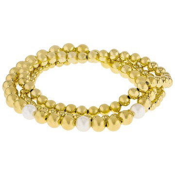 18k Yellow Gold Over Bronze 4-6mm Bead and Pearl Simulant Stretch Bracelet Set