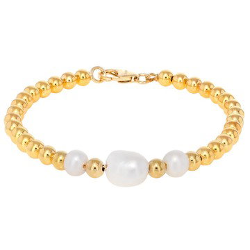 18k Yellow Gold Over Bronze 6-8mm Pearl Simulant and 3mm Bead Station Bracelet