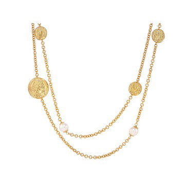18k Yellow Gold Over Bronze Faux Coin and 10mm Simulated Pearl Station 30\" Necklace