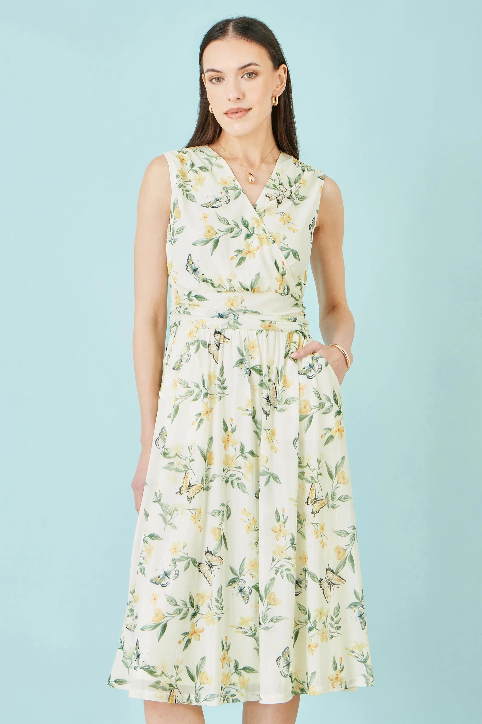Yumi White Floral Print Mesh Stretch Midi Dress With Pockets
