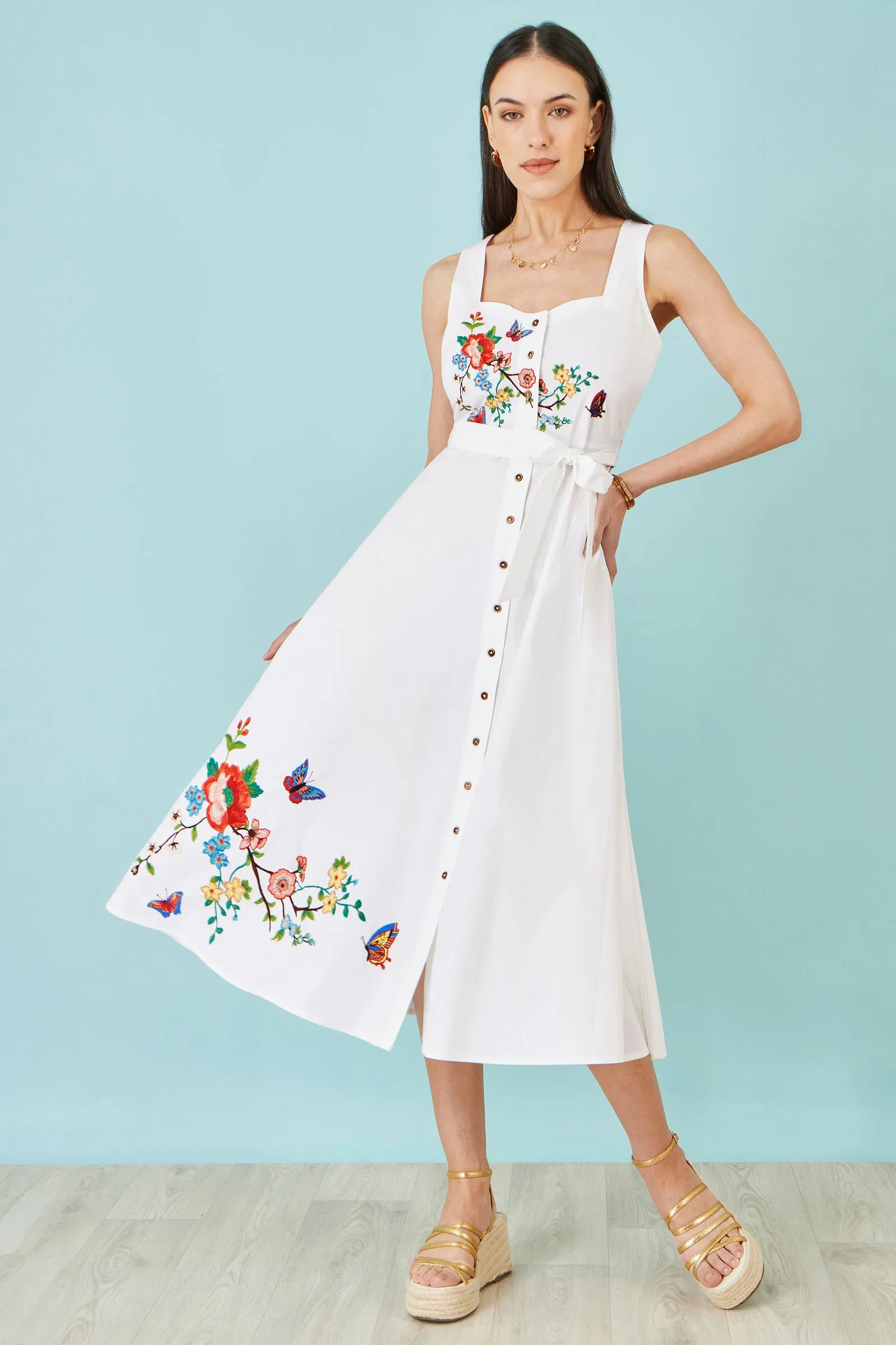 Yumi White Cotton Midi Dress With Embroidery