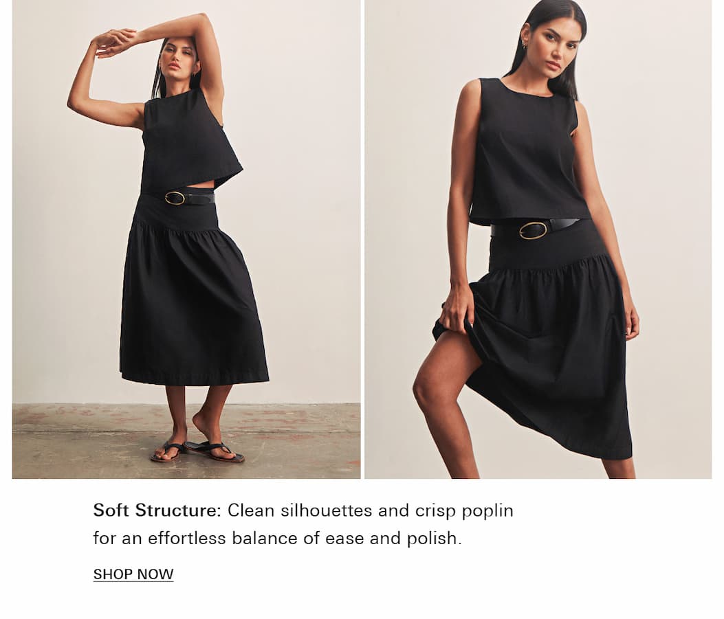 model wearing skirt and top set in black poplin