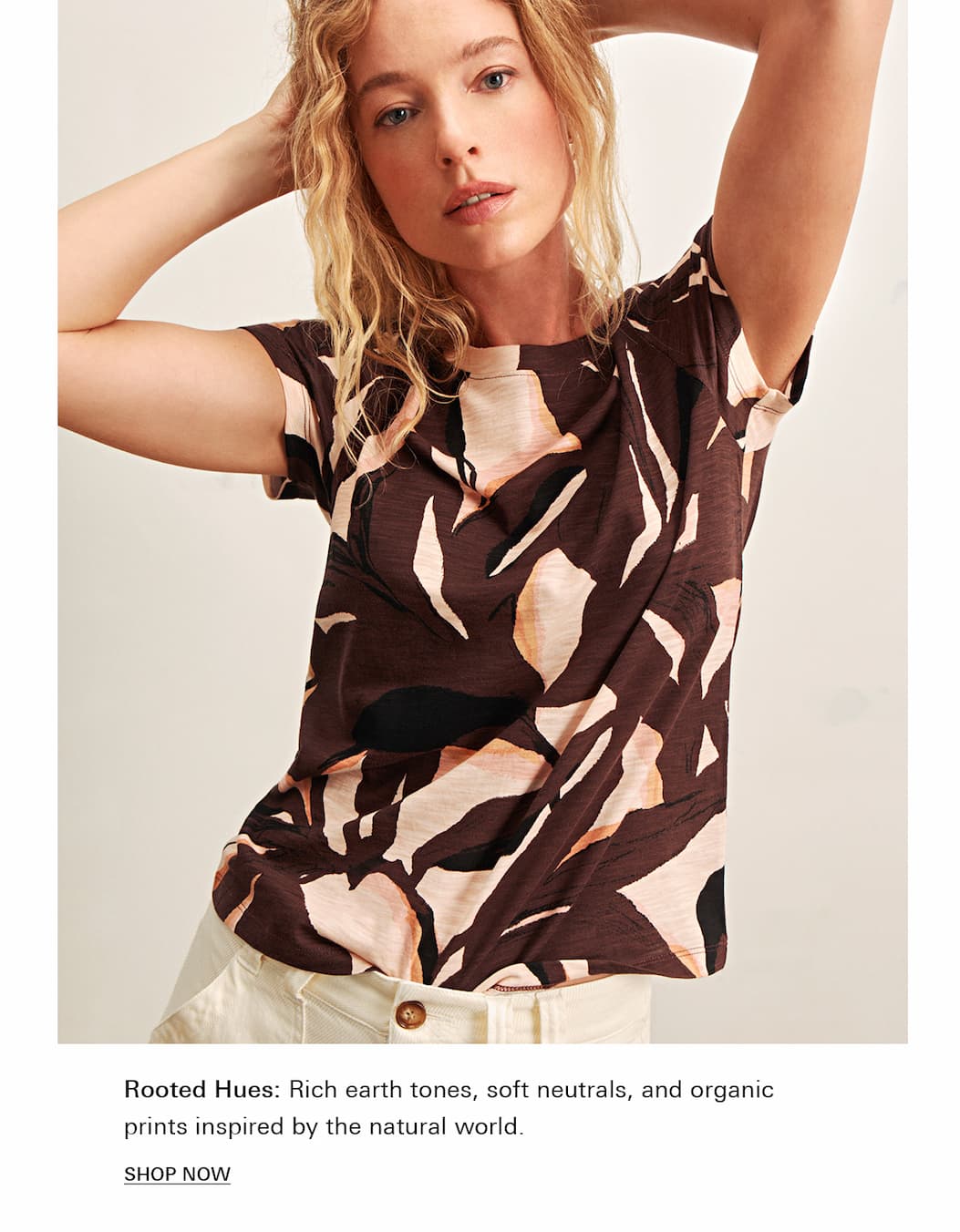 model wearing the perfect tee in geometric rich soil pattern