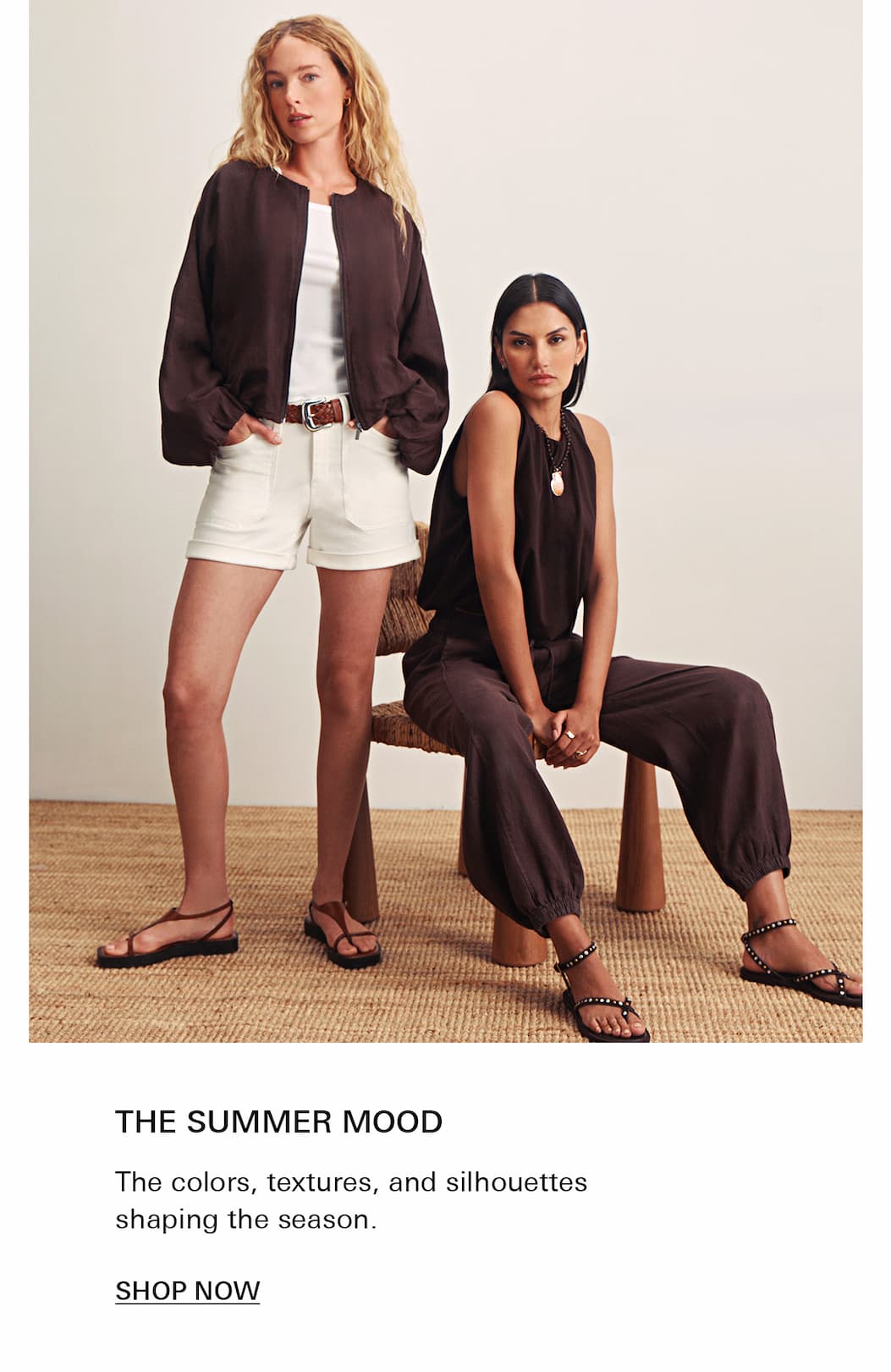 Models wearing Rich Soil Jacket and chalk denim shorts and rich soil balloon pant and bubble top