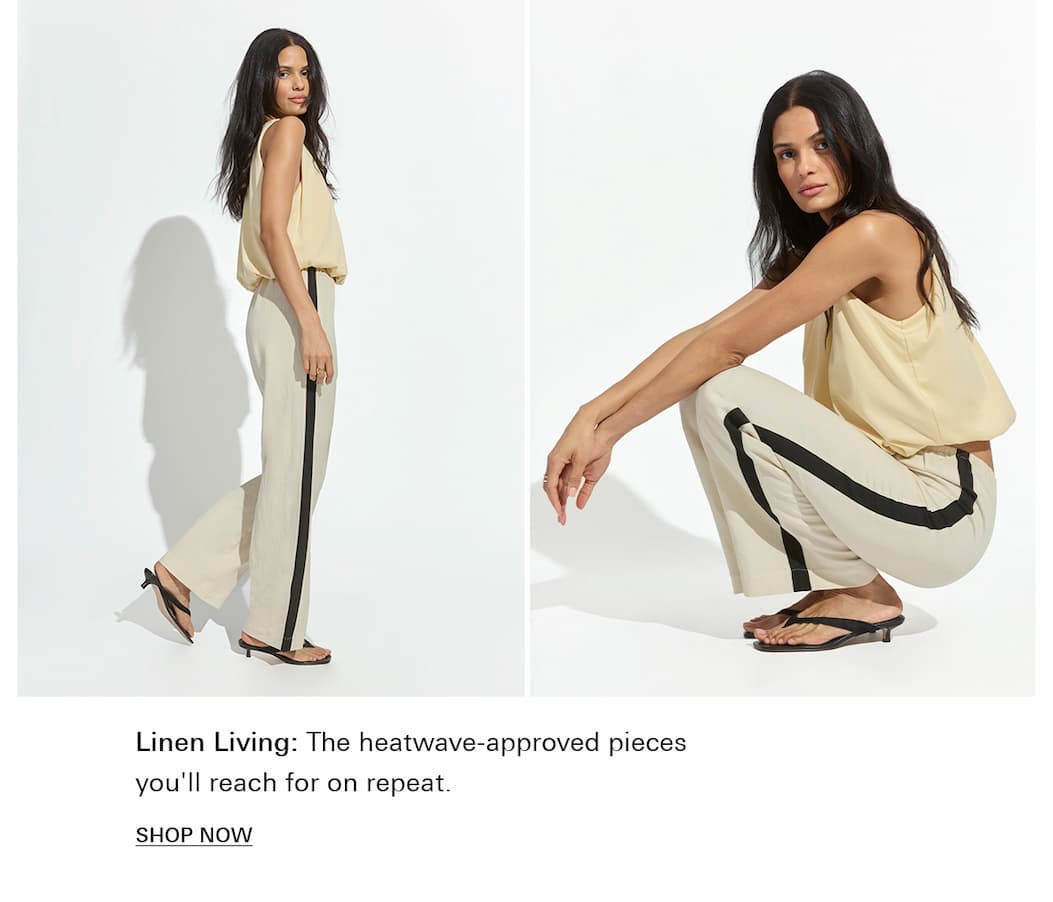 model wearing the banana bubble top and linen track pant