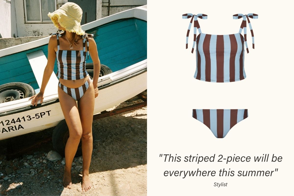 Bow Tankini Top in Blue & Brown Stripe