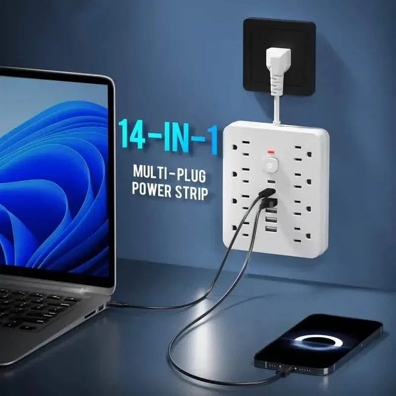Image of 14-in-1 Power Strip With 4 USB Outlets, 2 Type-C Outlet and 8 AC Socket Outlets