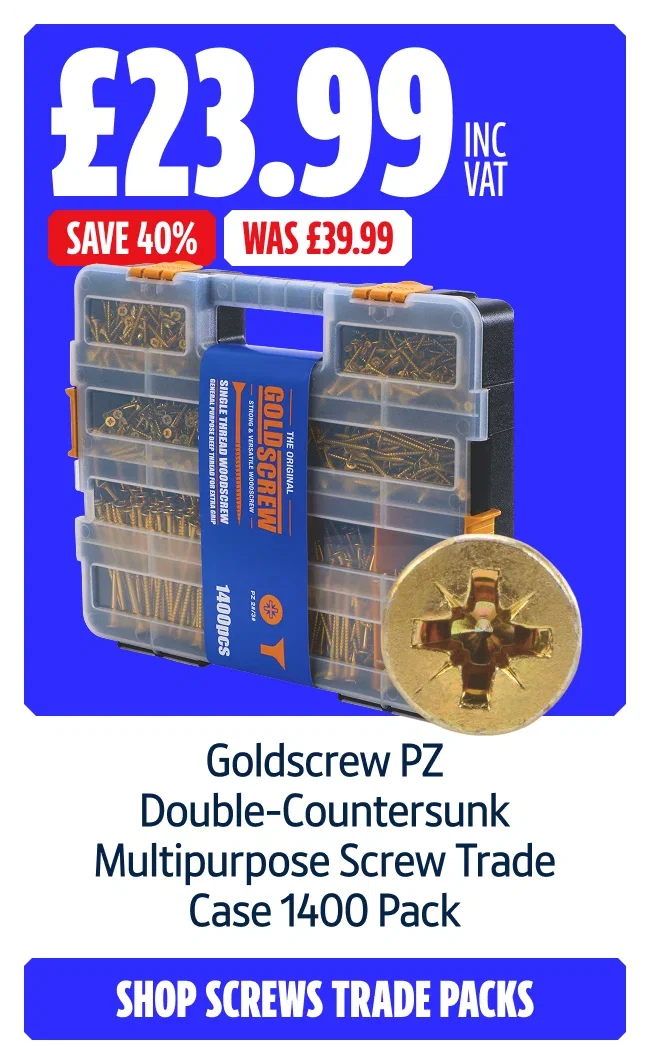 Save 40% Goldscrew PZ Double-Countersunk Multipurpose Screw Trade Case 1400 Pack. Now £23.99 Was £39.99 inc VAT. Shop screws trade packs