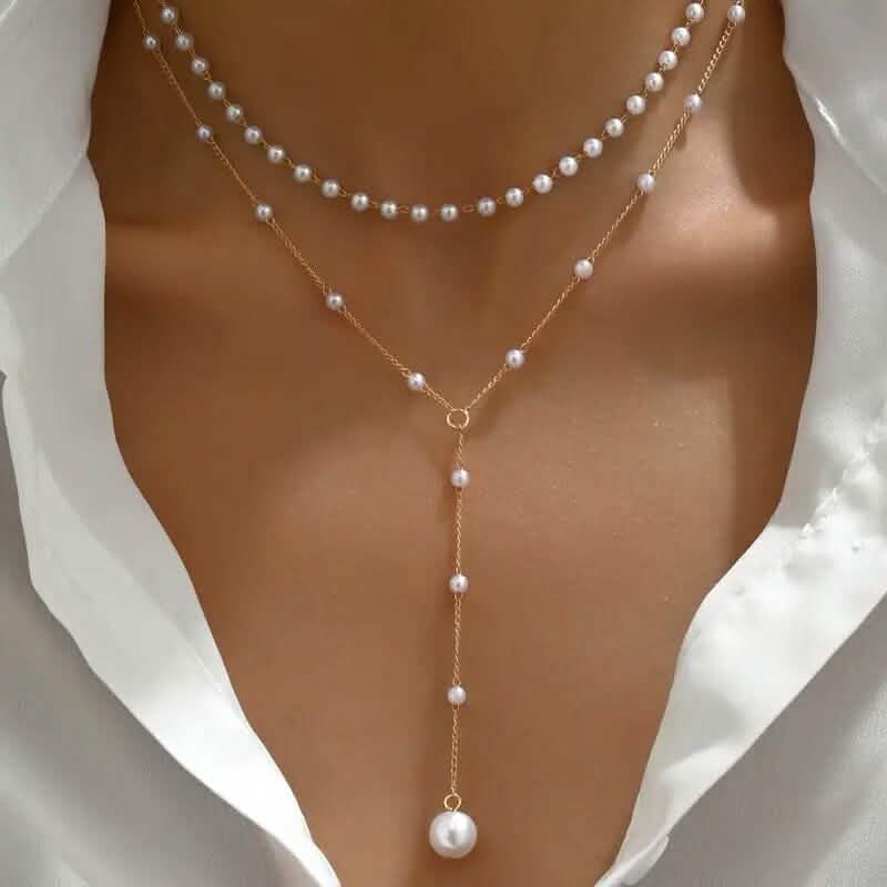 Image of Elegant Vintage Style Double-Layer Pendant Necklace with Imitation Pearl Accents and Tassel Drop