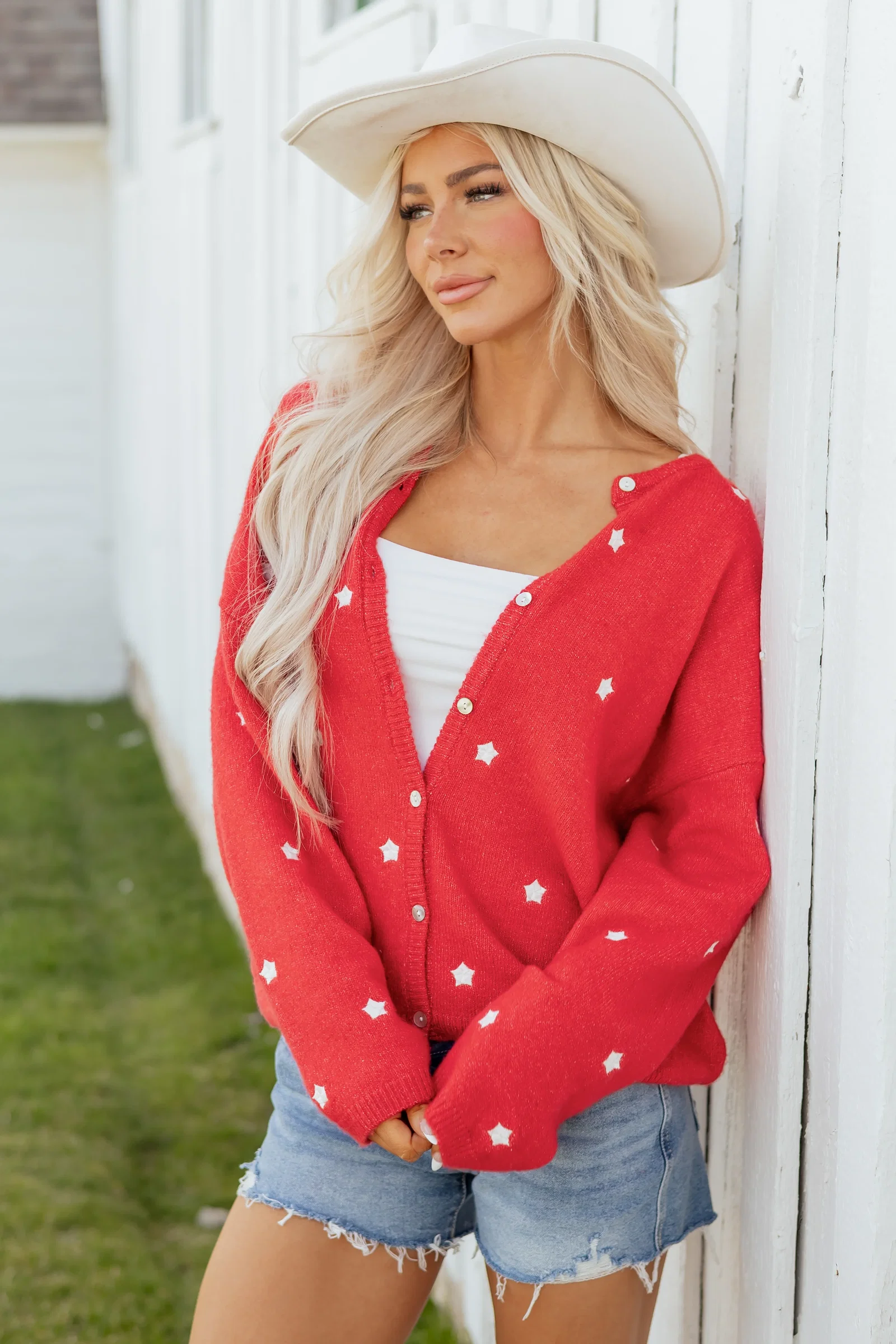 Image of Lipstick Star Pattern Relaxed Button Up Soft Cardigan