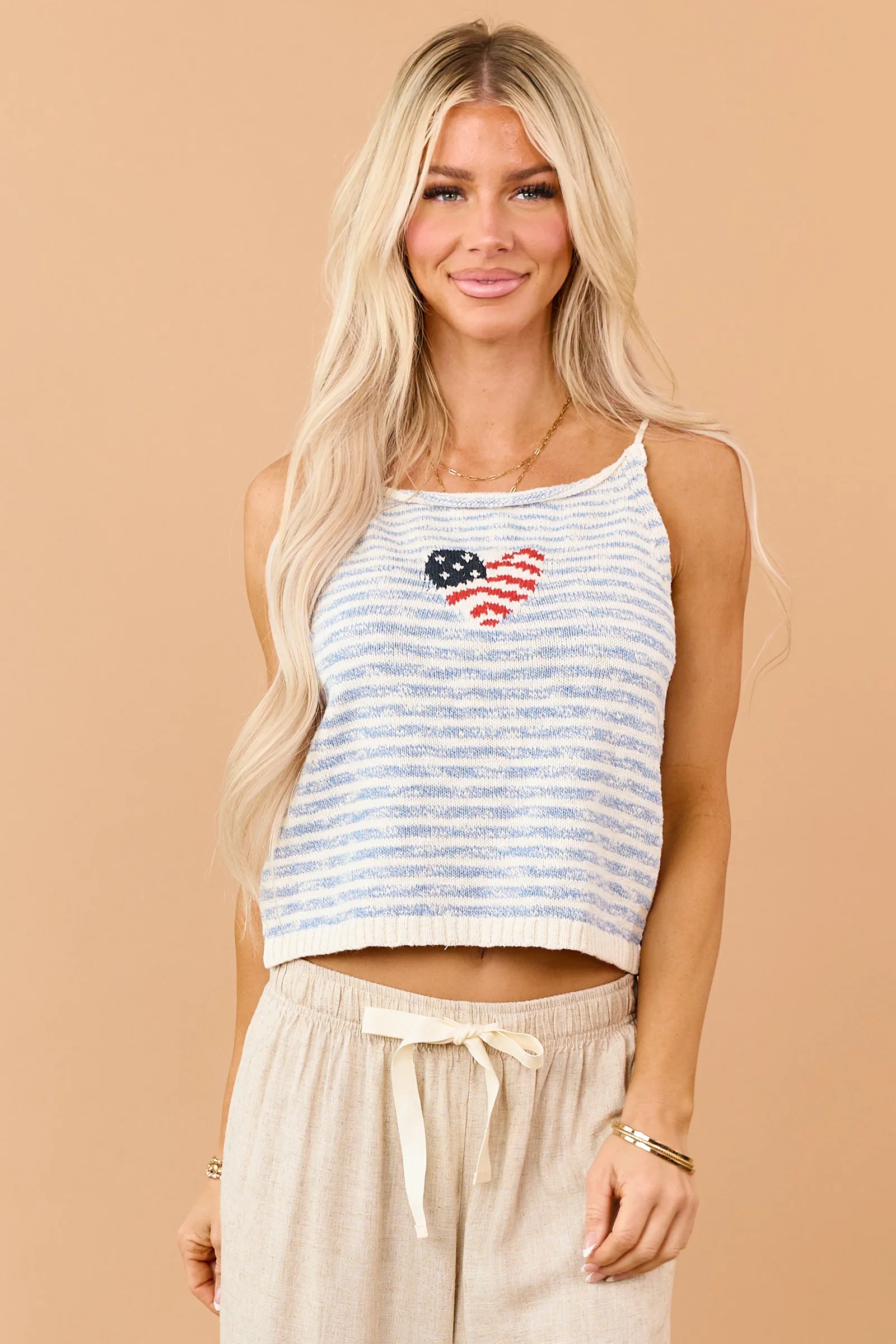 Image of Steel Blue Cotton Stripe Heart Flag Graphic Tank Top