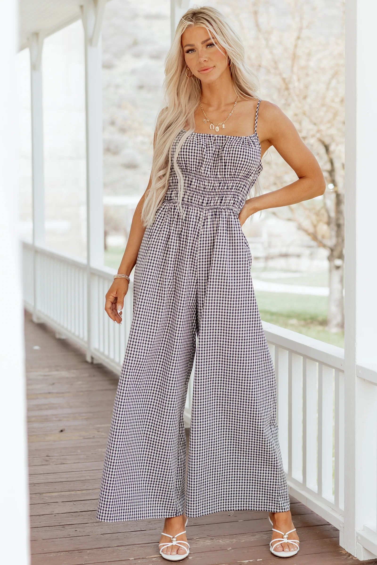 Image of Navy and Cream Gingham Wide Leg Cotton Jumpsuit
