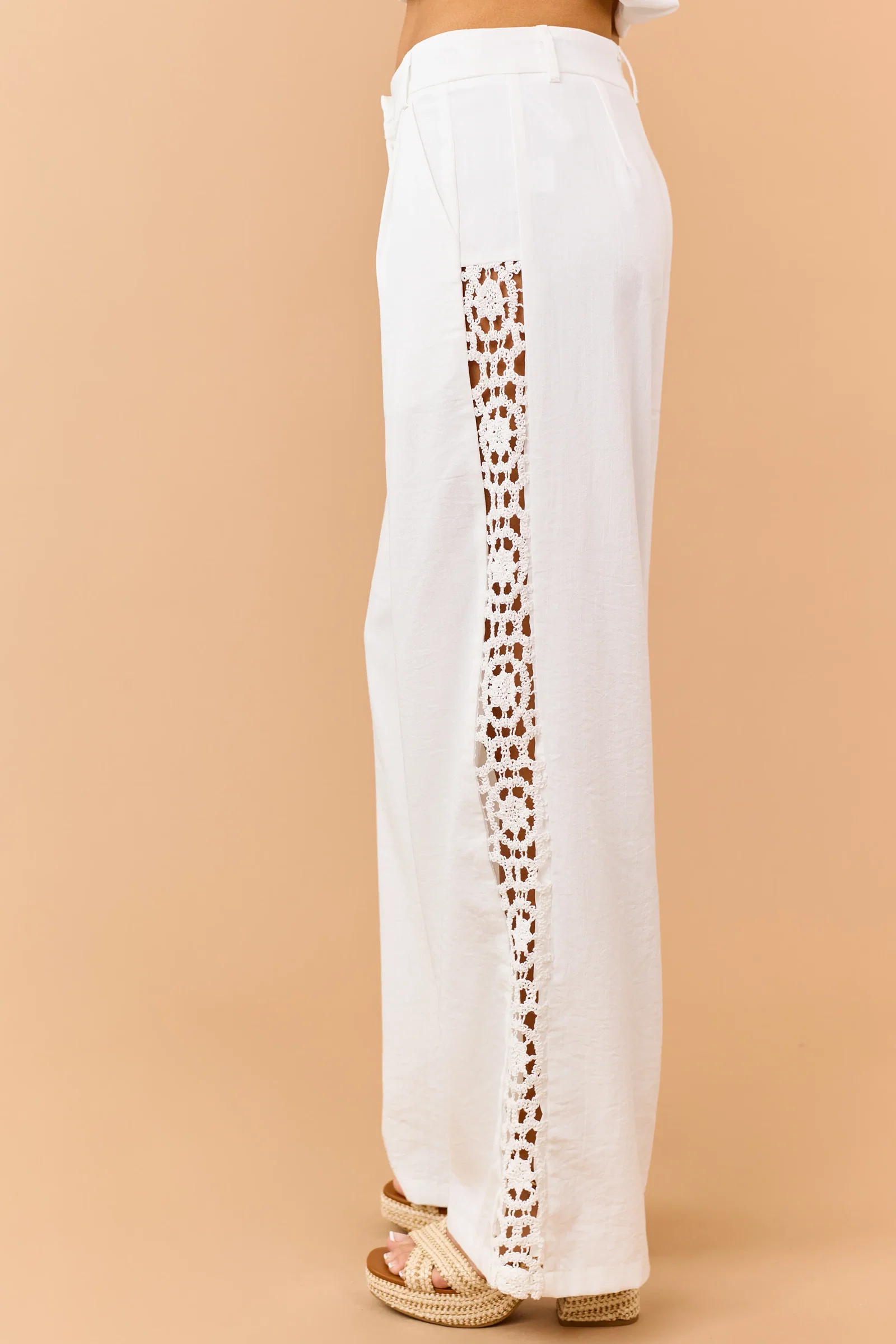 Image of Off White Open Crochet Side Panel Wide Leg Pants