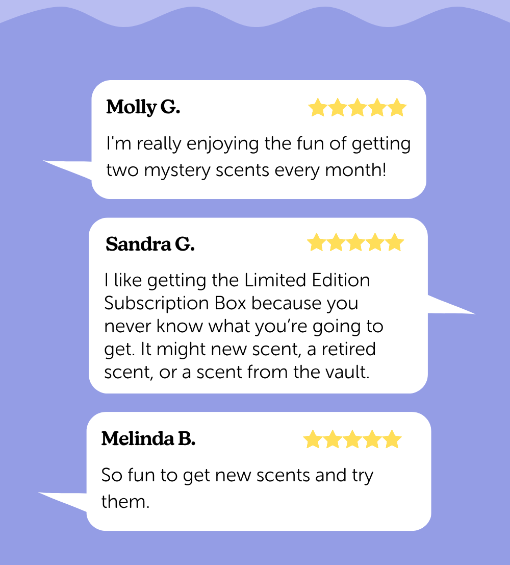 molly g.: I'm really enjoying the fun of getting two mystery scents every month! sandra g.:I like getting the Limited Edition Subscription Box because you never know what you’re going to get. It might new scent, a retired scent, or a scent from the vault. melinda b.: So fun to get new scents and try them. 