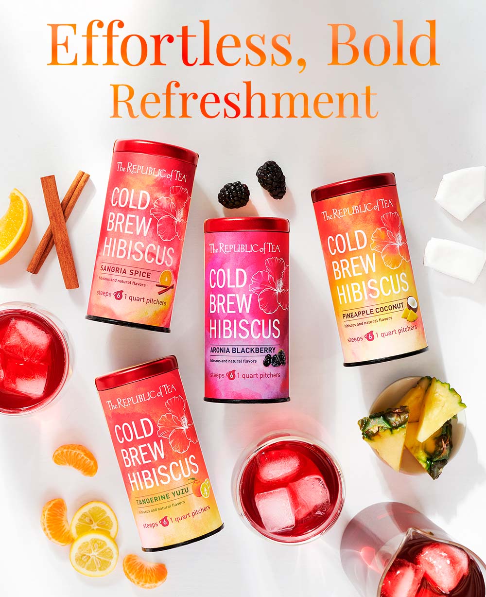 Cold Brew tea tins of Sangria Spice, Aronia Blackberry, Pineapple Coconut, Tangerine Yuzu