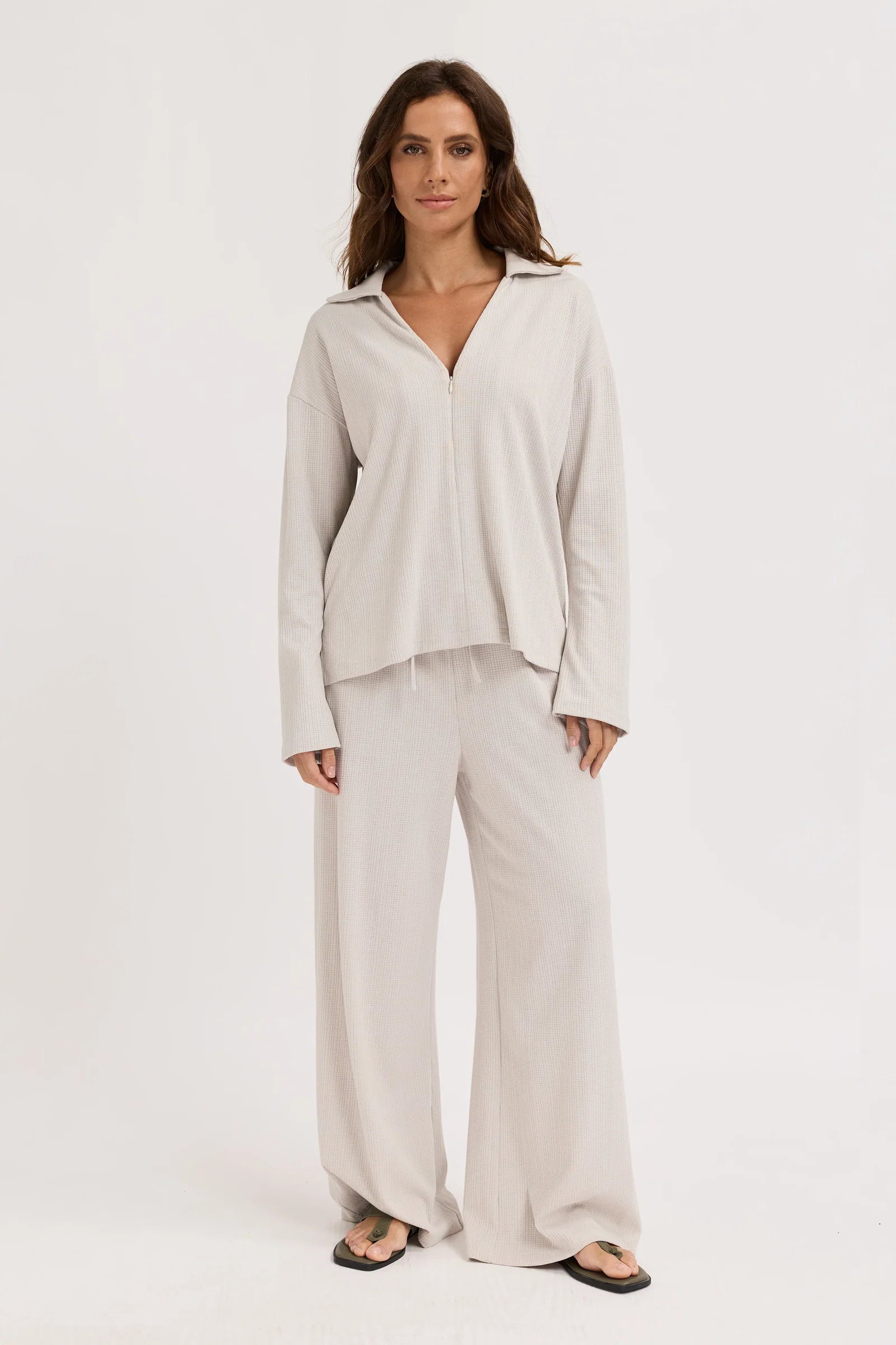 Image of Ivy Waffle Zip-Front Top - Stone Grey