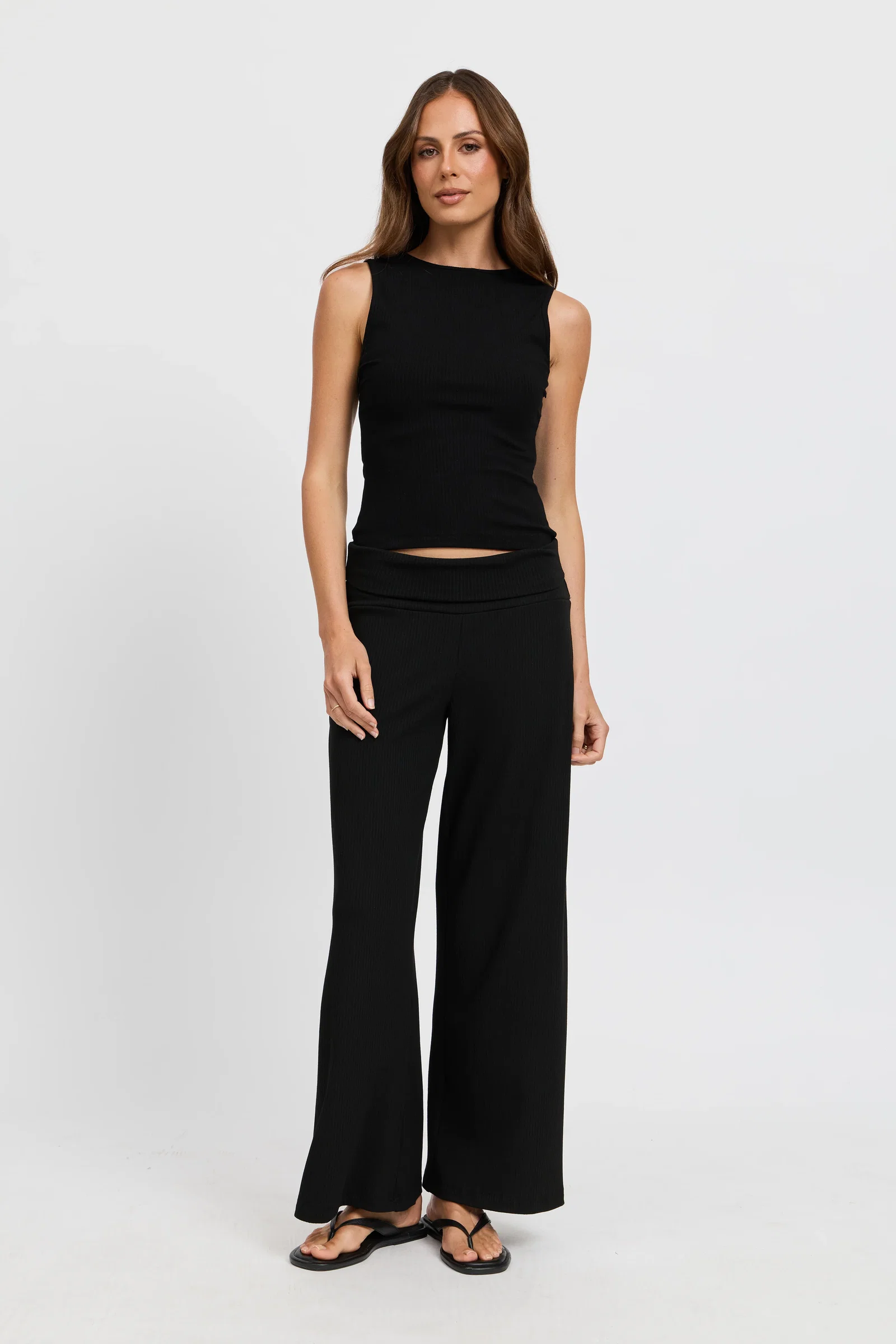 Image of Esta Ribbed Foldover Waist Pant - Black