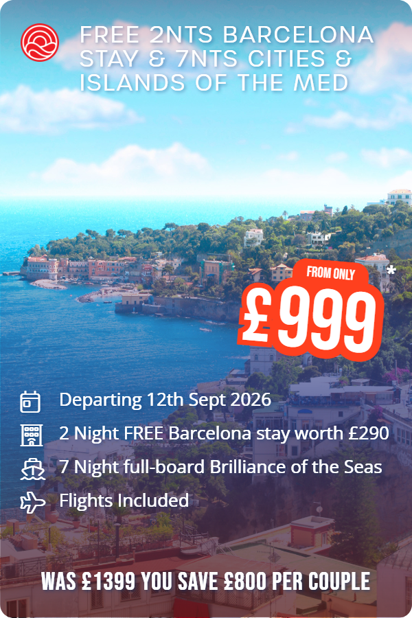 Free 2nts Barcelona Stay & 7nts Cities & Islands of the Med – Smart Holiday promotional image. From £999 Includes: Departing 12th Sept 2026, 2 Night FREE Barcelona stay worth £290, 7 Night full-board Brilliance of the Seas, Flights Included. WAS £1399 YOU SAVE £800 PER COUPLE