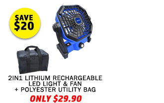 2in1 Lithium Rechargeable LED Light & Fan + Polyester Utility Bag