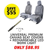 Universal Premium Canvas Seat Covers (Pair) + Rechargeable LED Work Light