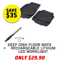 Deep Dish Floor Mats (4 Pack) + Rechargeable Lithium LED Worklight
